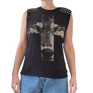 Black Sleeveless Top with Wolf Print